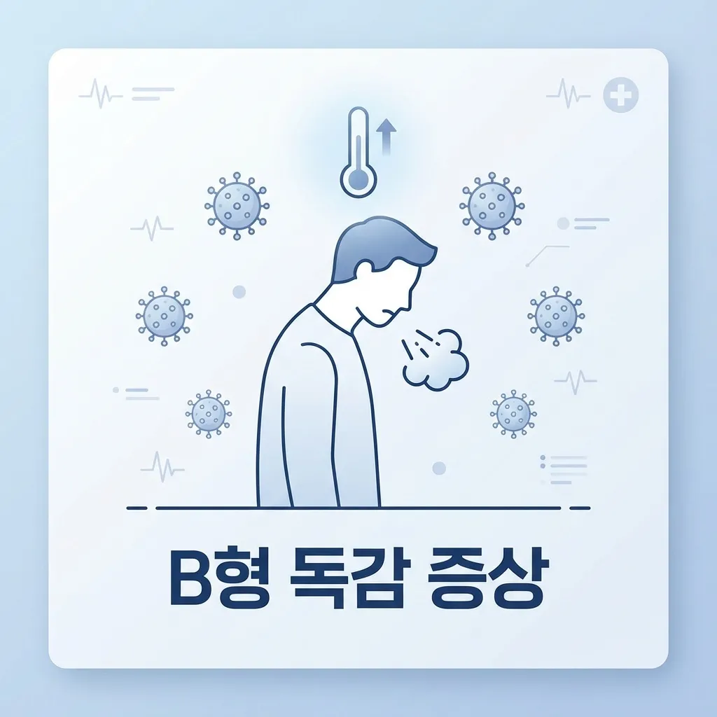 B형 독감 증상을 나타내는 발열 기침 환자와 인플루엔자 바이러스 일러스트