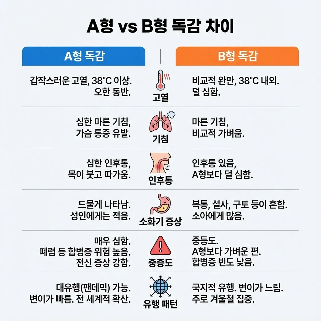 A형 독감과 B형 독감 증상 차이점 비교 인포그래픽