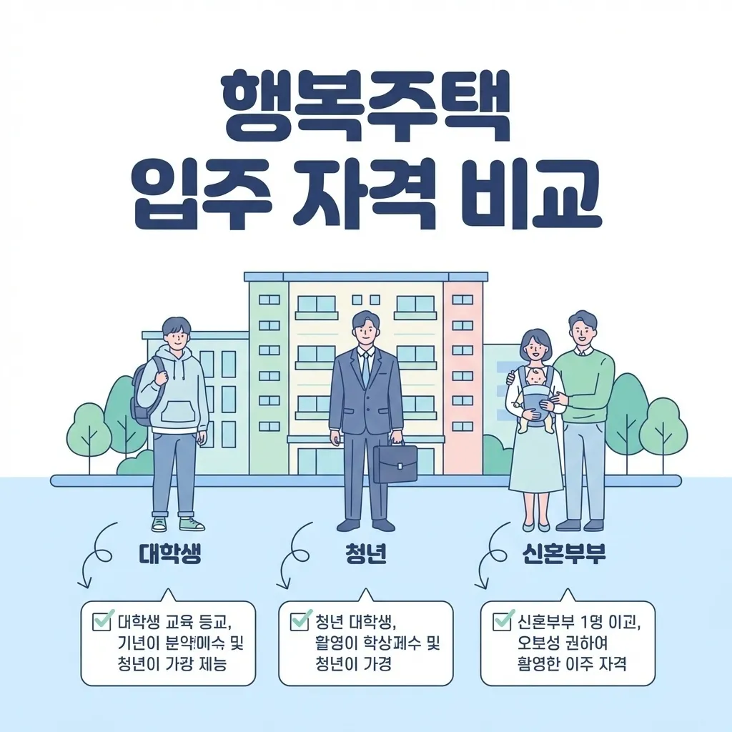 행복주택 입주 자격 대학생 청년 신혼부부 계층별 조건 비교 안내 화면