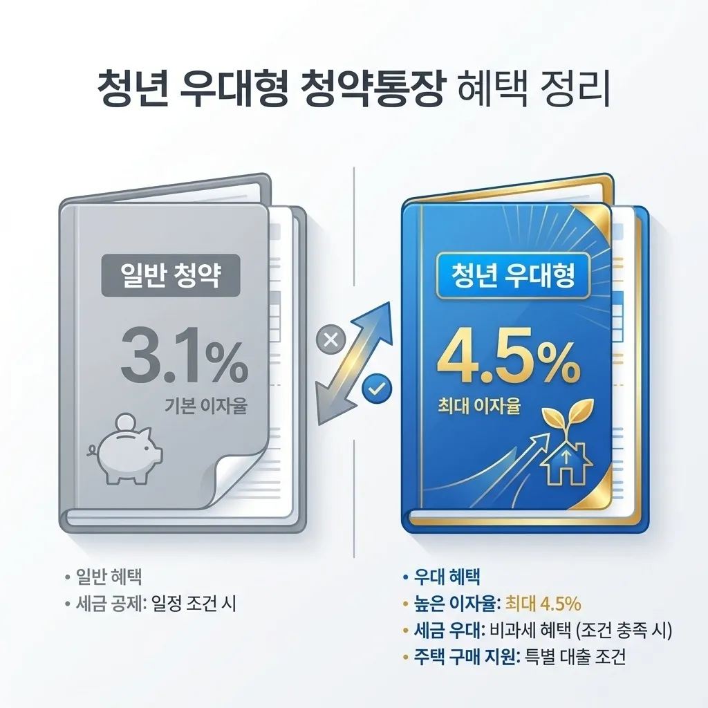 청년 우대형 청약통장과 일반 청약통장 금리 비교 핵심 요약 화면