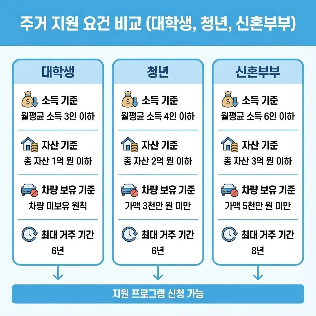 행복주택 대학생 청년 신혼부부 소득 자산 거주기간 조건 비교 가이드