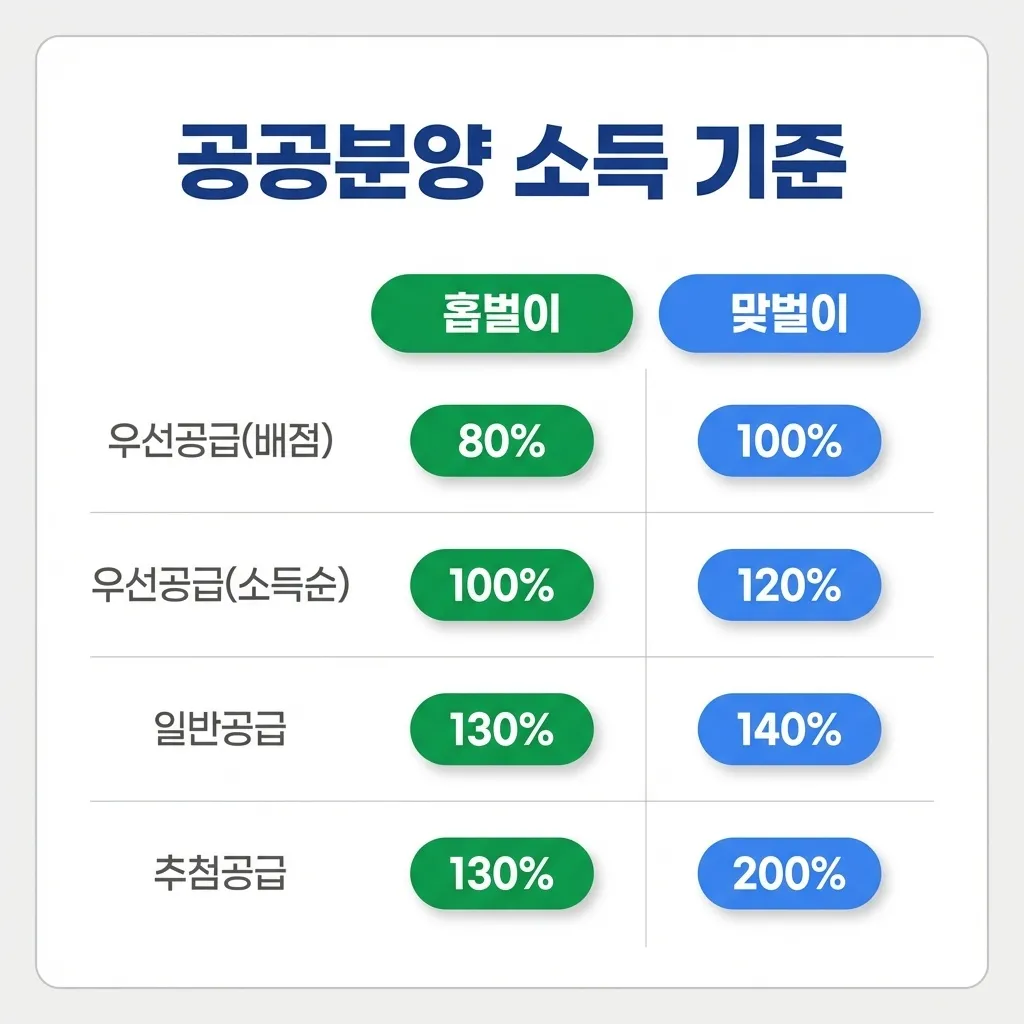 공공분양 신혼부부 소득 기준 홑벌이 맞벌이 단계별 비교