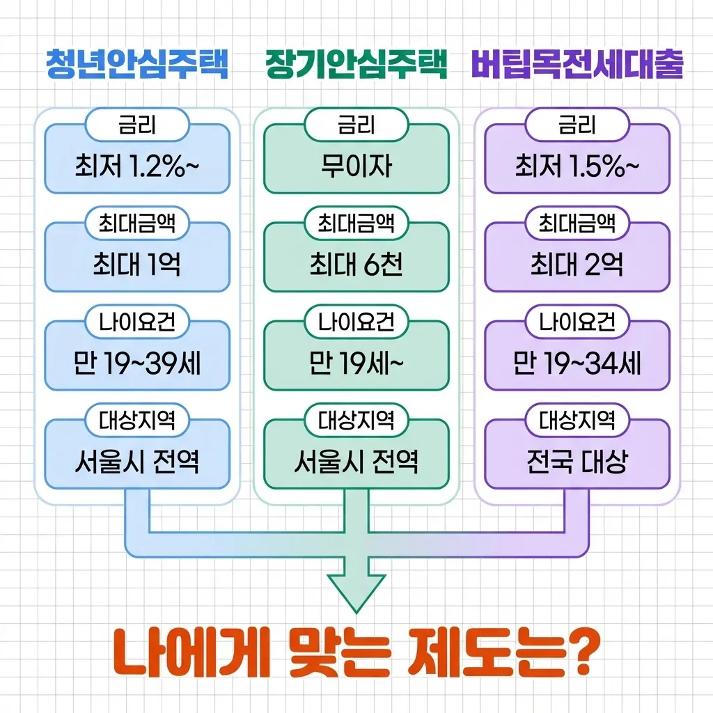청년안심주택 장기안심주택 버팀목전세대출 3가지 제도 비교 흐름도