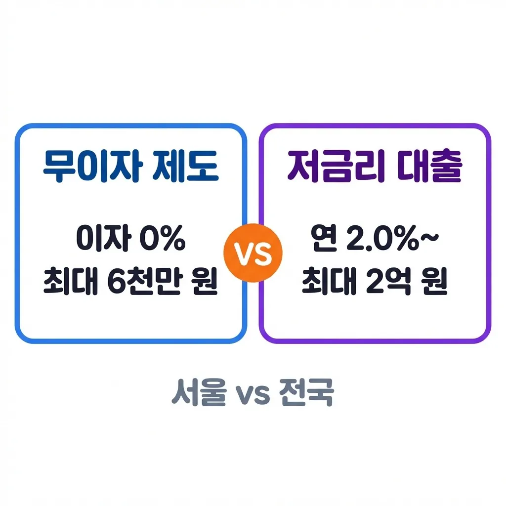 무이자 보증금 지원과 저금리 전세대출 핵심 비교 요약 화면