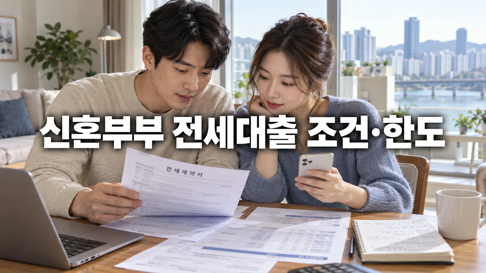 한국인 신혼부부가 아파트에서 전세계약서와 대출 서류를 함께 살펴보는 모습
