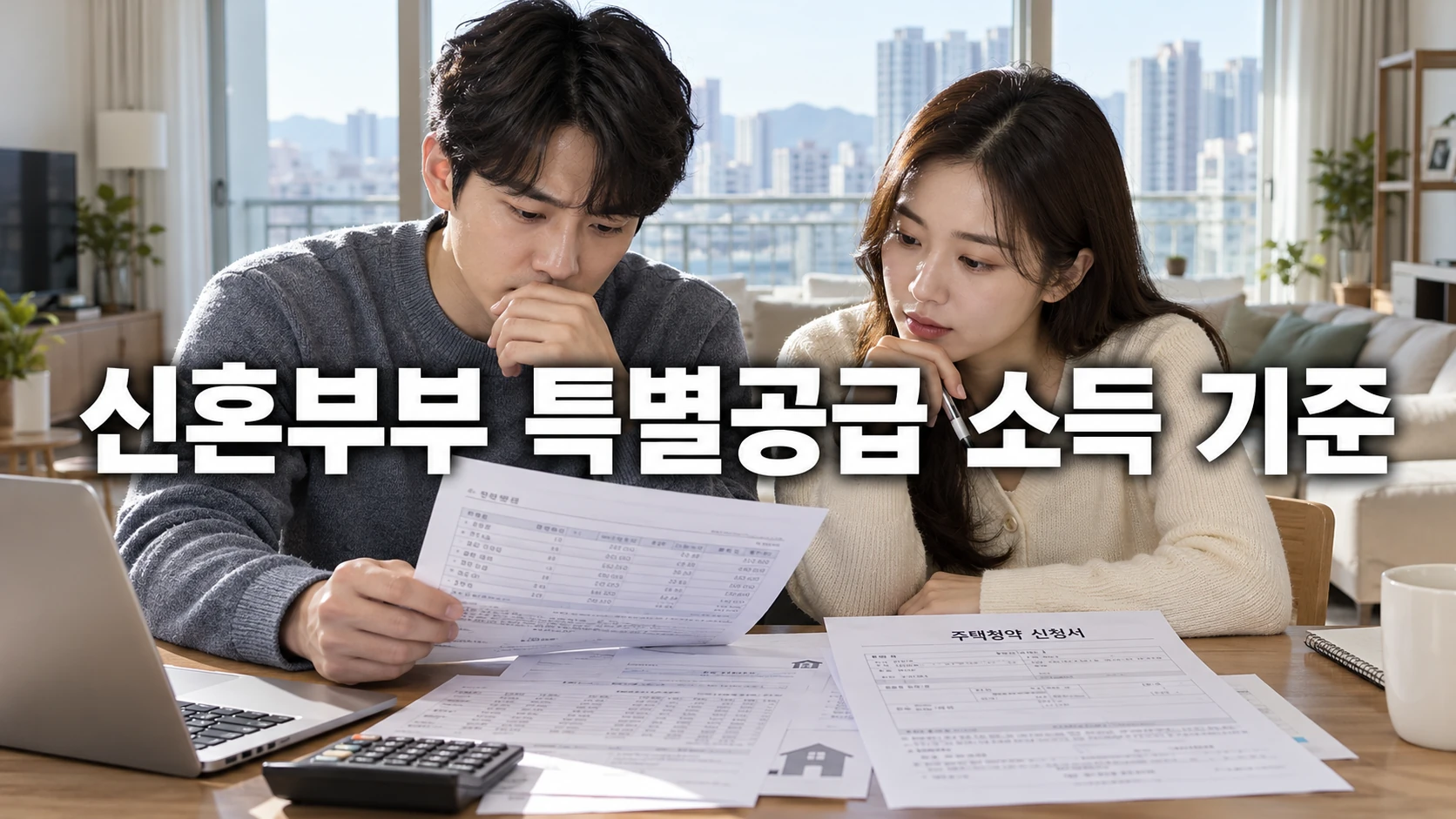 한국인 신혼부부가 특별공급 소득 서류와 청약 신청서를 함께 확인하는 모습