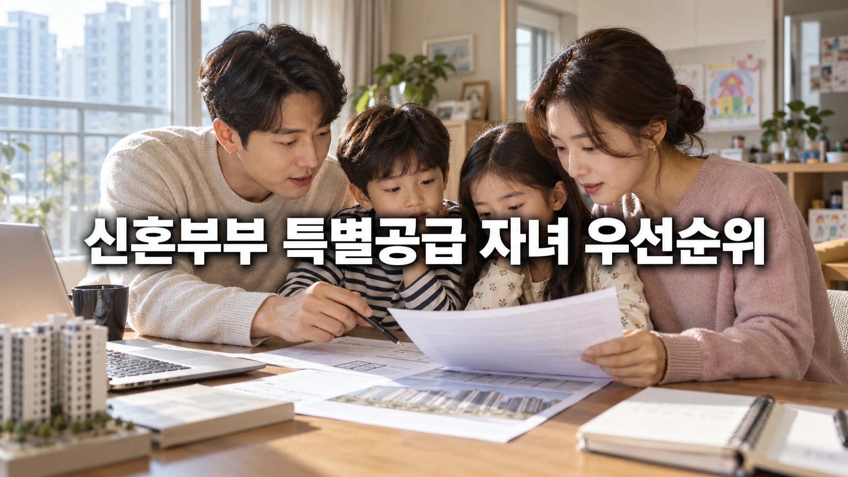 한국인 부모와 두 자녀가 식탁에서 주택 청약 서류를 함께 확인하는 모습