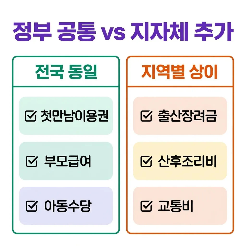 정부 공통 지원 vs 지자체 추가 지원 조건 비교 정부 공통 지원 vs 지자체 추가 지원 조건 비교