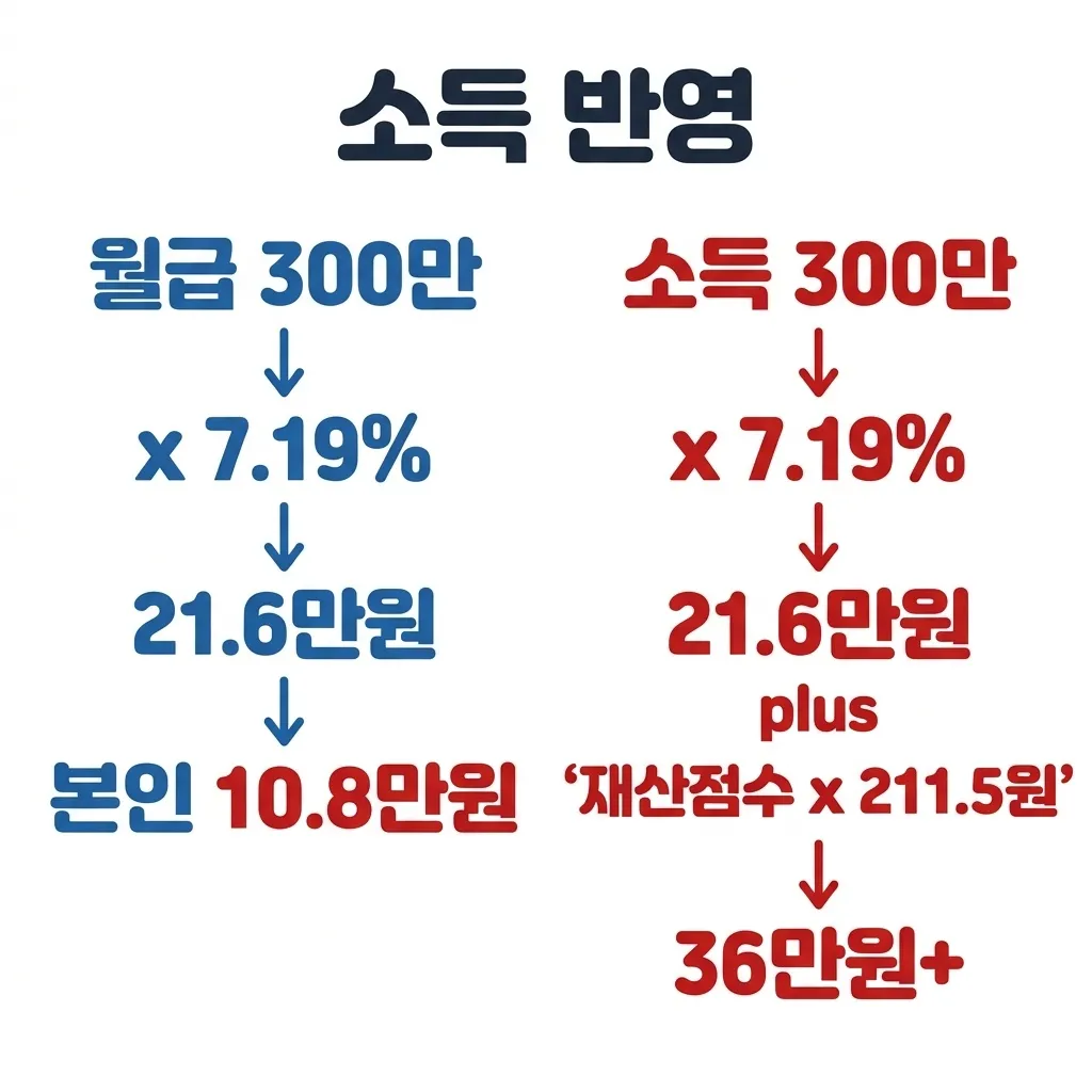 직장가입자 지역가입자 소득 반영 방식 차이 비교표