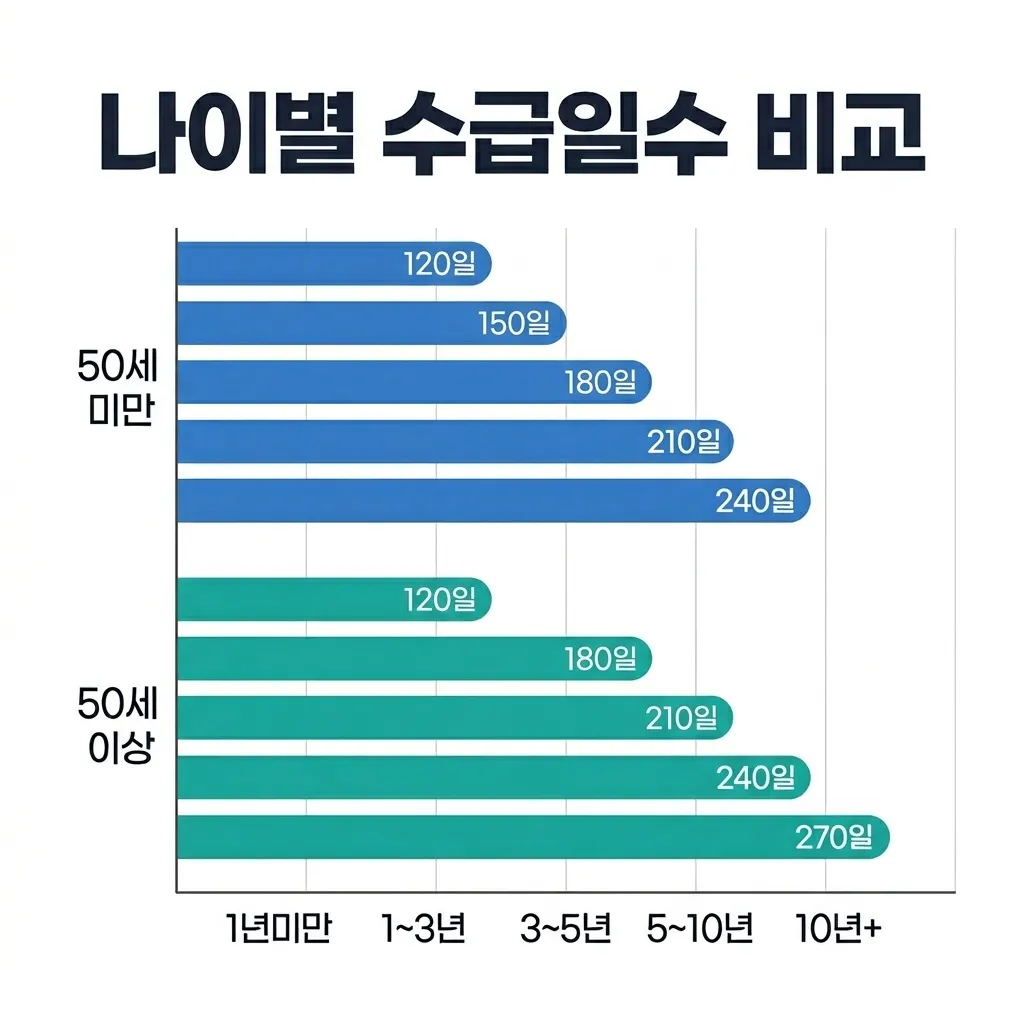 나이별 고용보험 가입기간에 따른 소정급여일수 비교 나이별 고용보험 가입기간에 따른 소정급여일수 비교