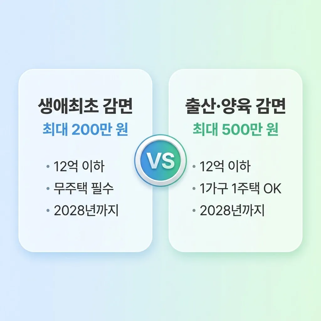 생애최초 감면과 출산 양육 감면 조건 비교 요약