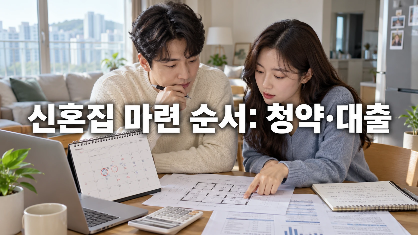 한국인 예비부부가 주택 배치도와 청약 일정표를 함께 검토하는 모습