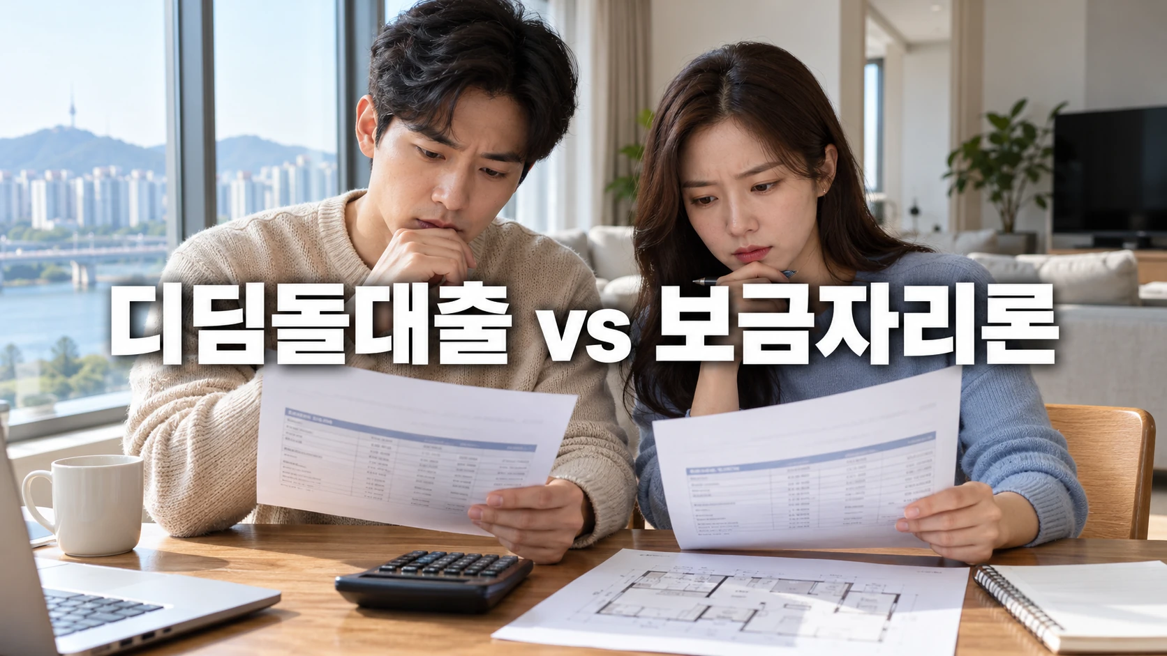 한국인 부부가 두 가지 주택담보대출 안내서와 계산기를 비교하는 모습