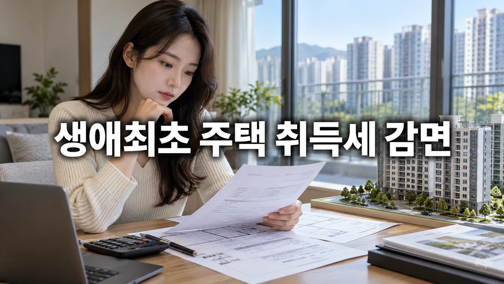 한국인 여성이 아파트 모형 옆에서 첫 주택 취득 관련 서류를 살펴보는 모습