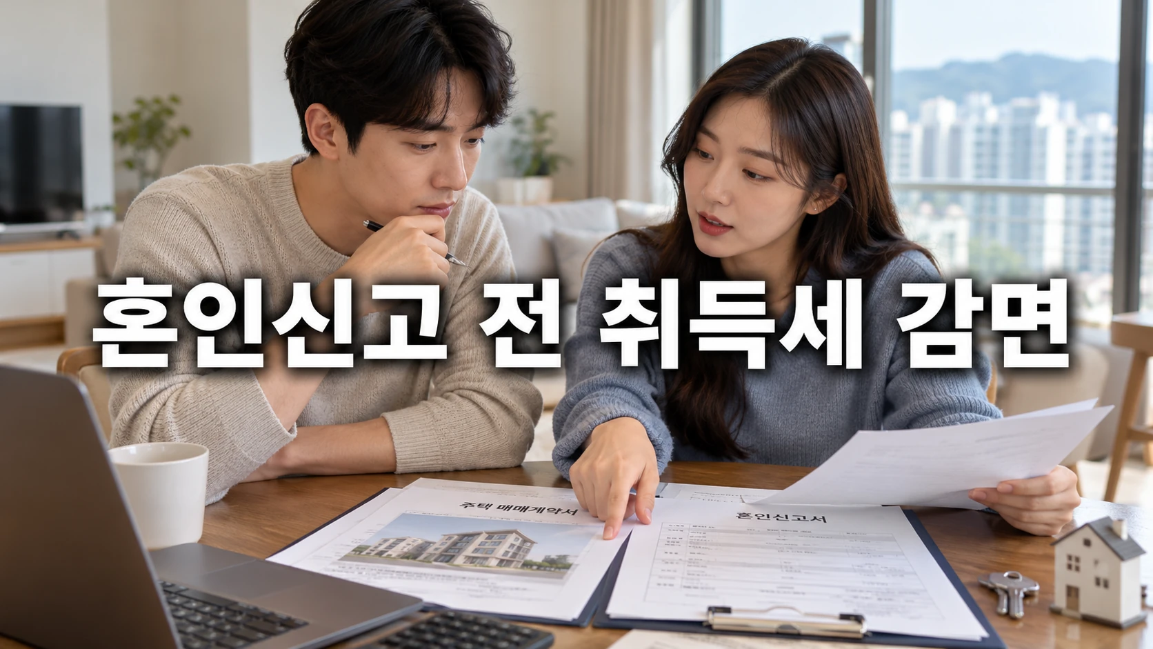 한국인 예비부부가 주택 매매 서류와 혼인신고 자료를 함께 확인하는 모습