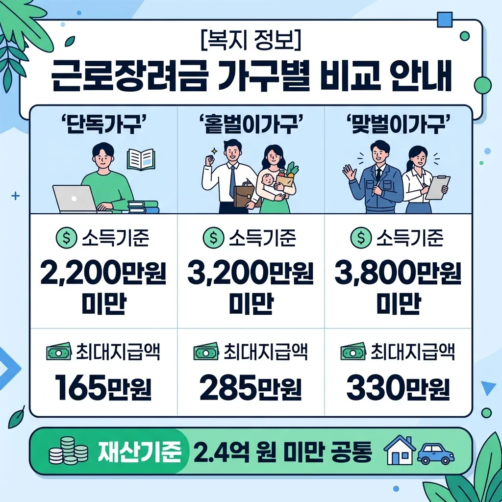 근로·자녀장려금 가구유형별 신청자격 지급액 제도비교 인포그래픽
