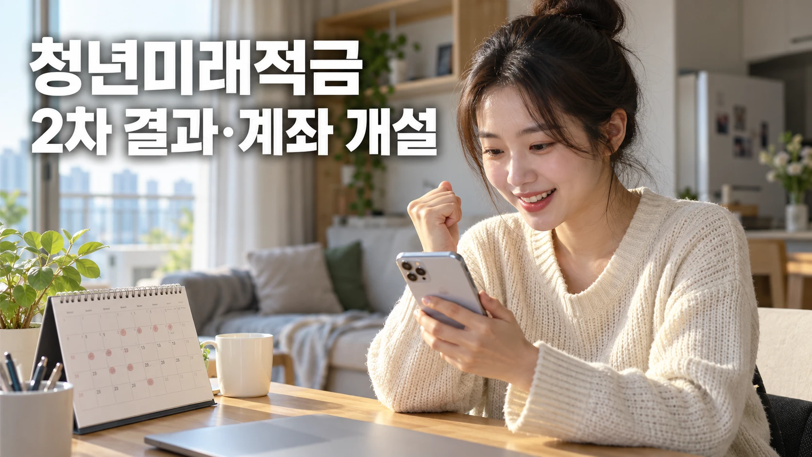 한국인 청년 여성이 스마트폰으로 청년 저축 결과와 일정을 확인하는 모습