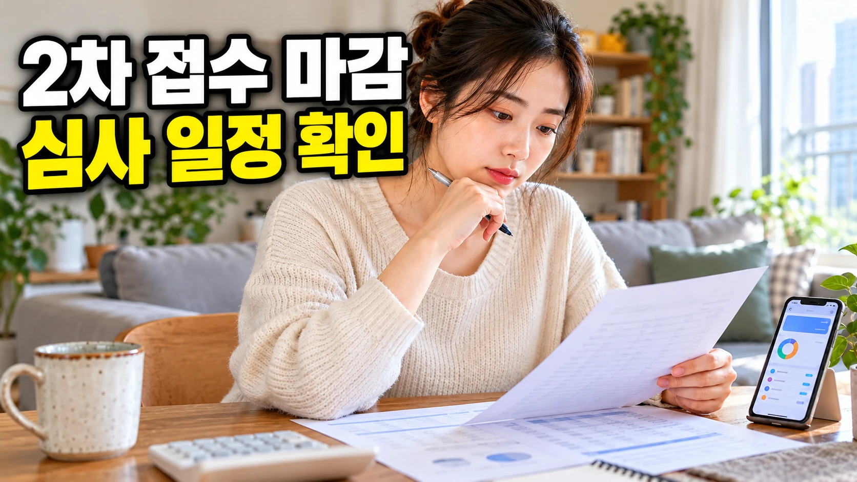 청년미래적금 2차 접수 마감과 심사 일정을 안내하는 제목과 함께 저축 계획을 보는 한국인 청년 여성