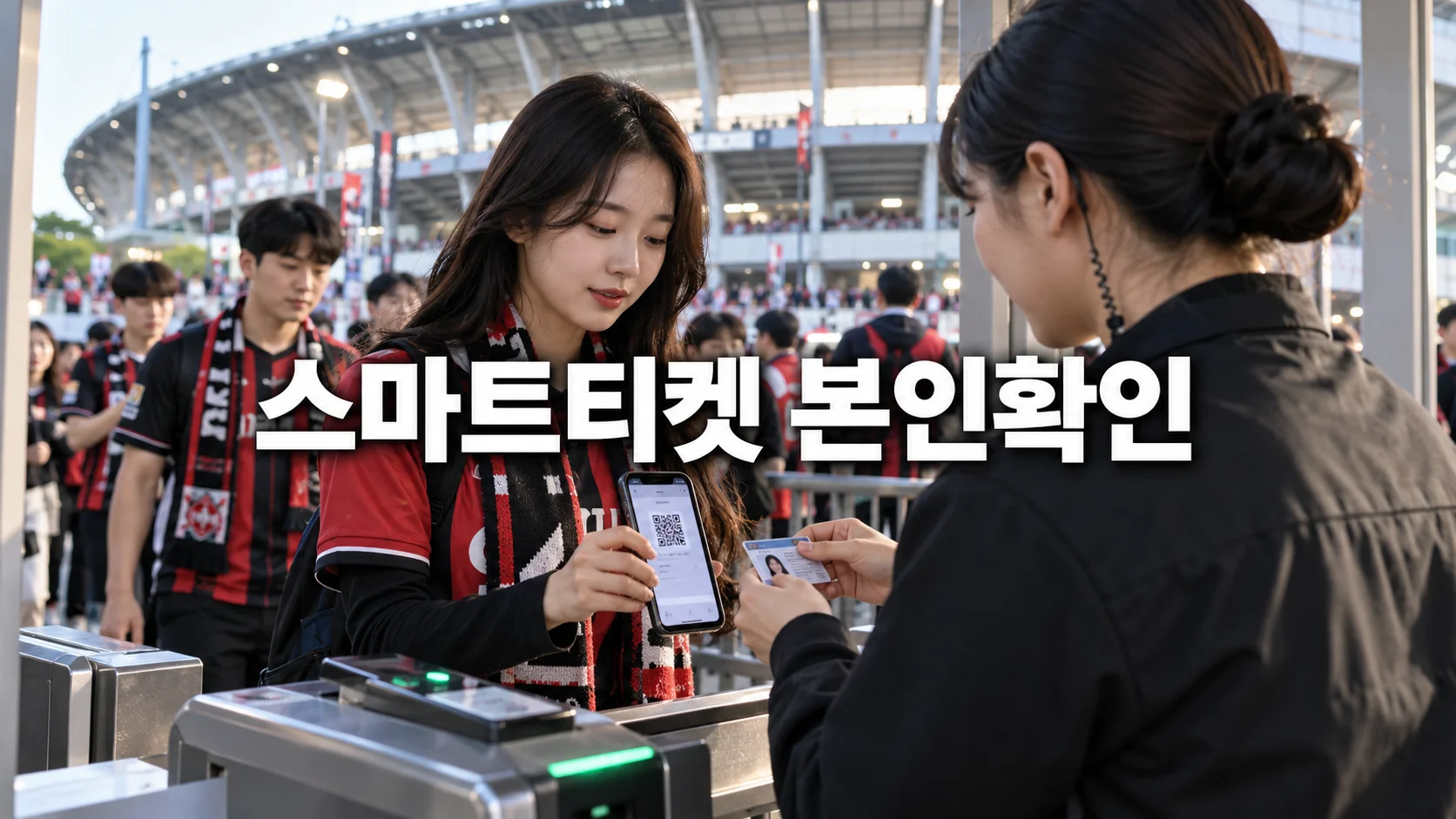 한국인 관람객이 경기장 입구에서 스마트티켓과 본인확인을 준비하는 장면