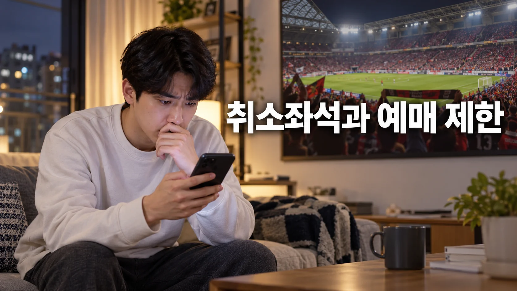 한국 축구팬이 휴대전화로 취소 좌석과 예매 기회를 확인하는 모습