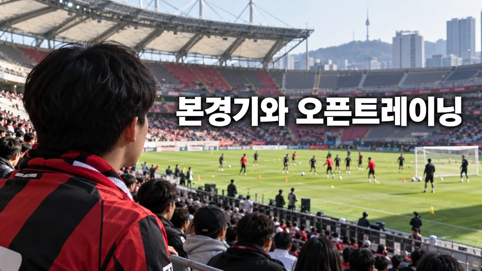 한국 축구팬이 경기장 관람석에서 오픈 트레이닝을 지켜보는 모습