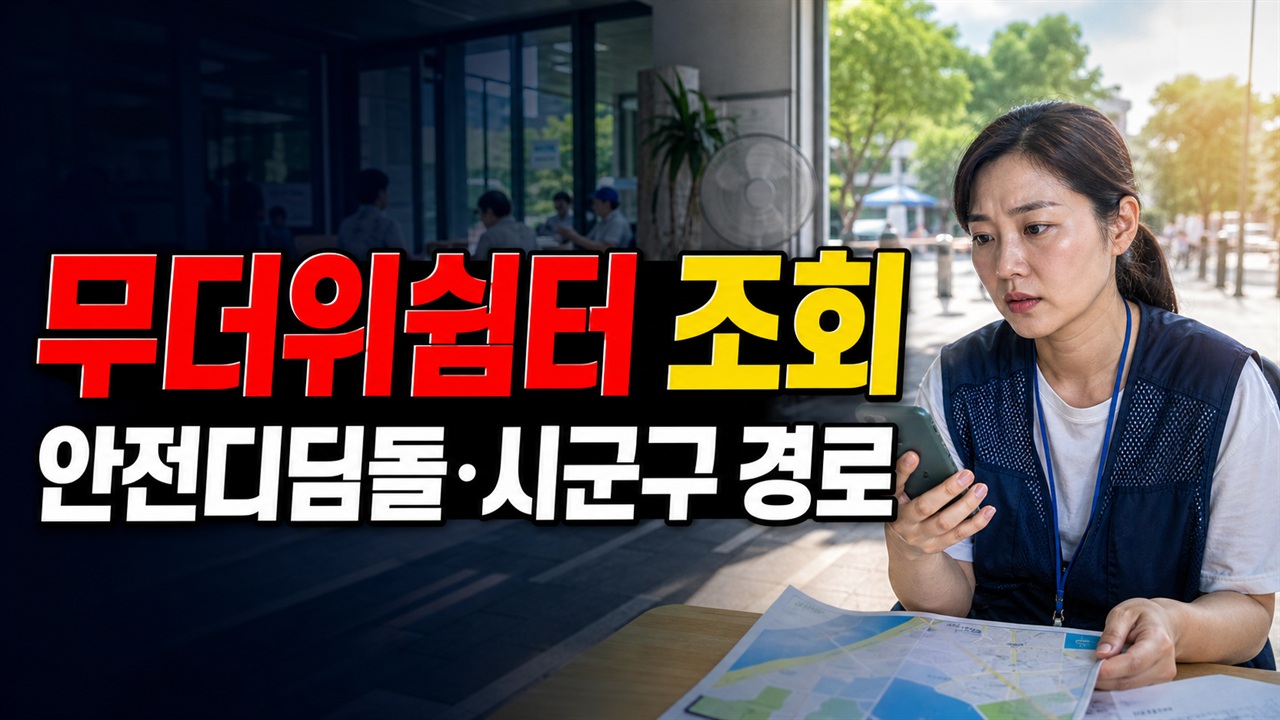 우리 동네 무더위쉼터 어디서 찾나? 안전디딤돌·시군구 조회 경로｜폭염중대경보 무더위쉼터 조회 관련 핵심 정보를 상징적으로 보여주는 썸네일 이미지