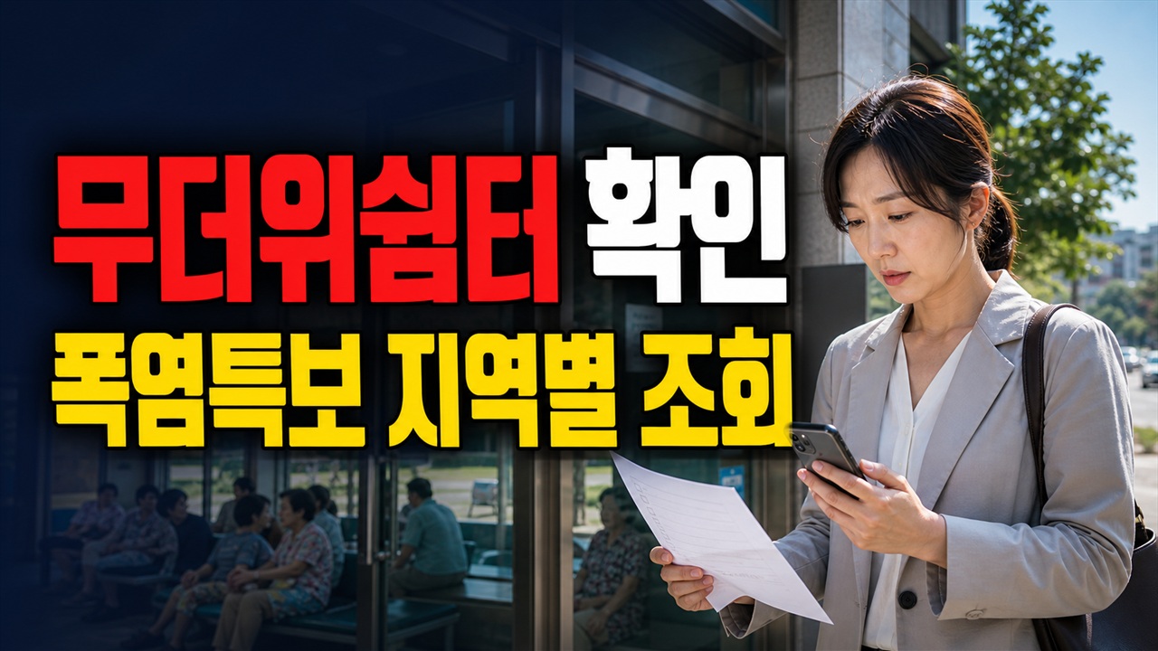 무더위쉼터 운영시간 그대로 믿어도 될까? 폭염특보 지역별 확인 주의 · 폭염중대경보 무더위쉼터 조회 기준 관련 핵심 정보를 상징적으로 보여주는 썸네일 이미지