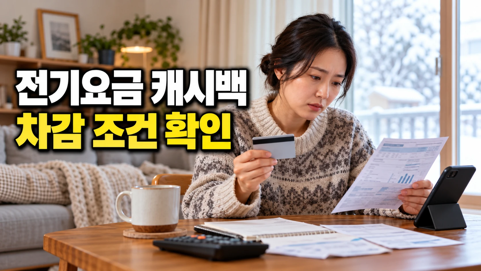전기요금 캐시백 차감 조건을 확인하는 제목과 함께 고지서를 살펴보는 한국인 여성