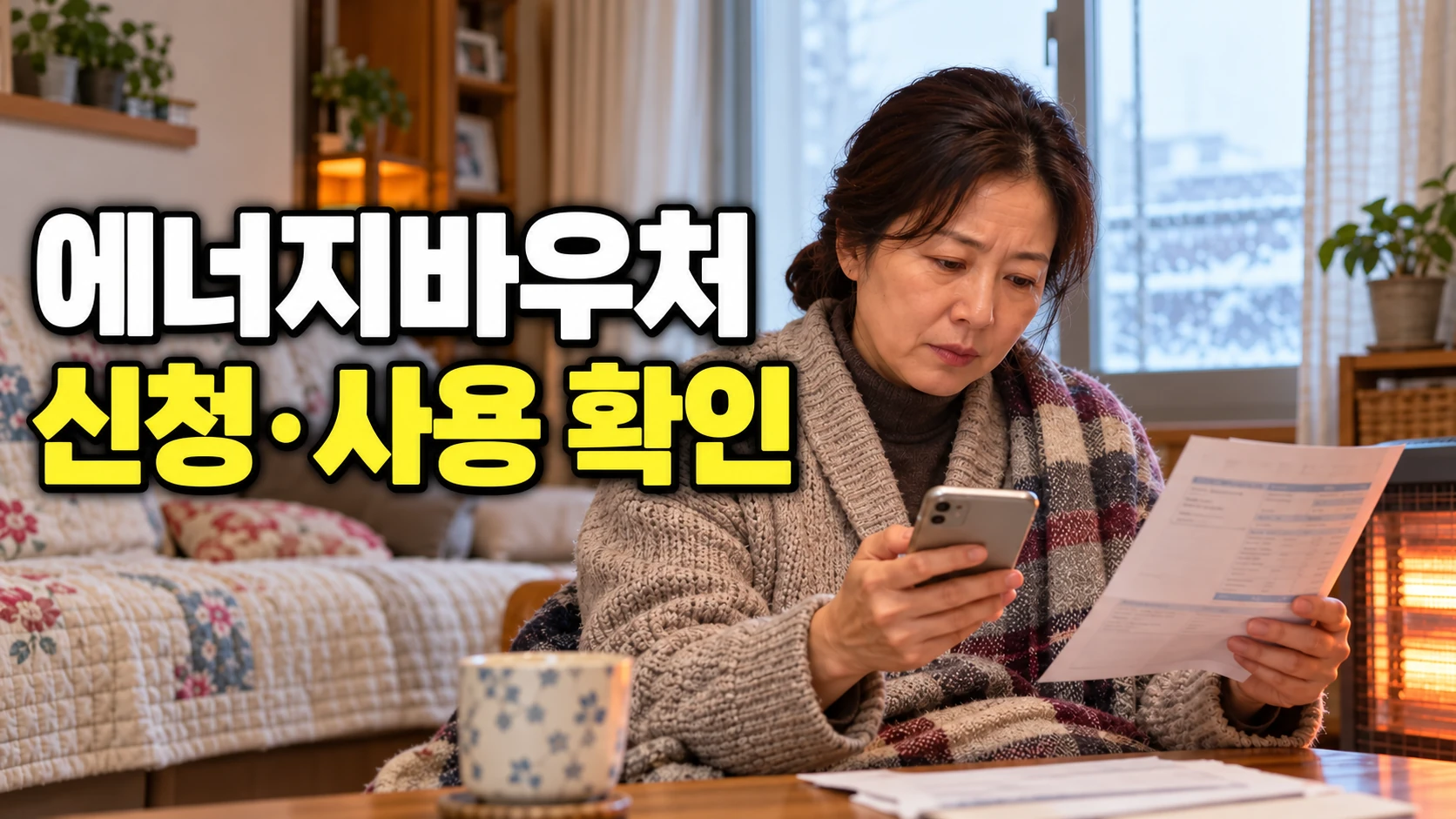 에너지바우처 신청·사용 확인 제목과 함께 난방비 고지서와 스마트폰을 살펴보는 한국인 여성