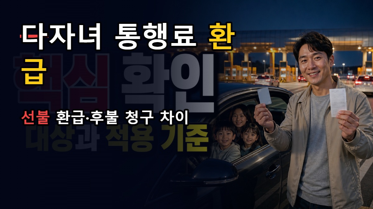 10%와 20%는 자녀 수에서 갈린다—다자녀 고속도로 통행료 선불 환급·후불 청구 차이 관련 핵심 정보를 상징적으로 보여주는 썸네일 이미지