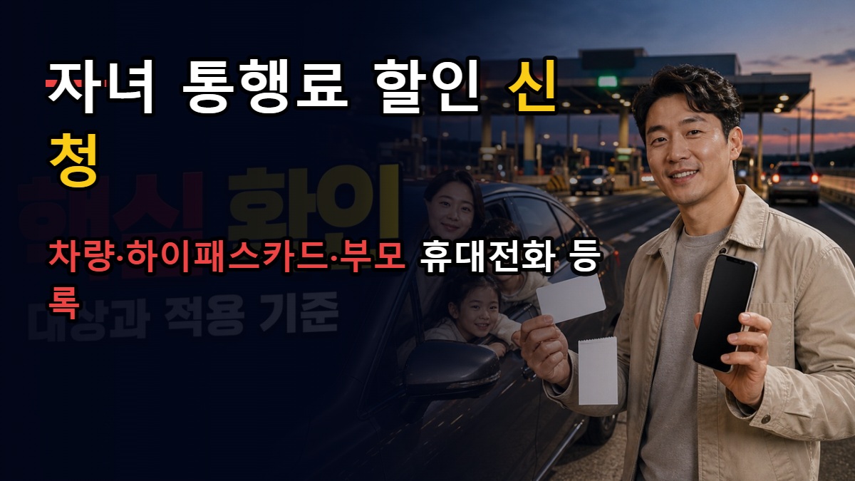 차량·하이패스카드·부모 휴대전화까지 등록—두 자녀 통행료 할인 신청 체크리스트 관련 핵심 정보를 상징적으로 보여주는 썸네일 이미지