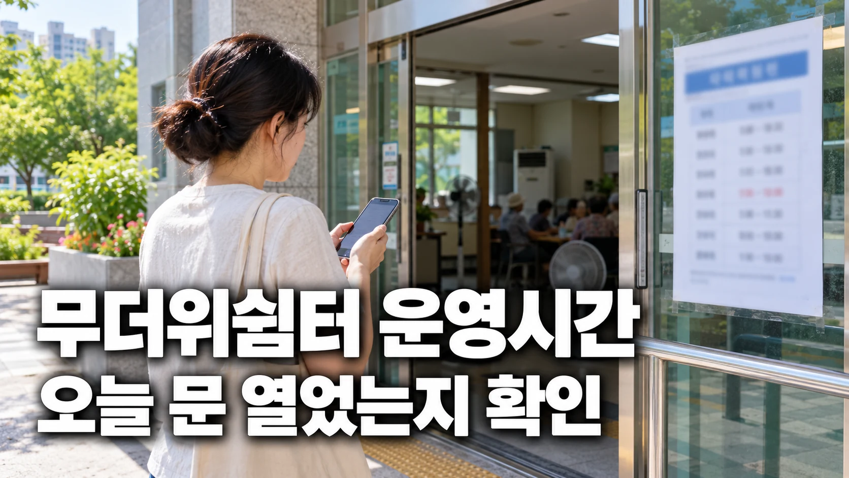 한국 무더위쉼터 입구에서 운영시간 안내를 확인하는 모습