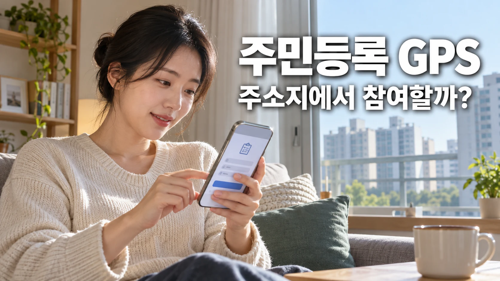 한국 아파트 가정에서 여성이 주민등록 사실조사 위치 조건을 스마트폰으로 확인하는 모습