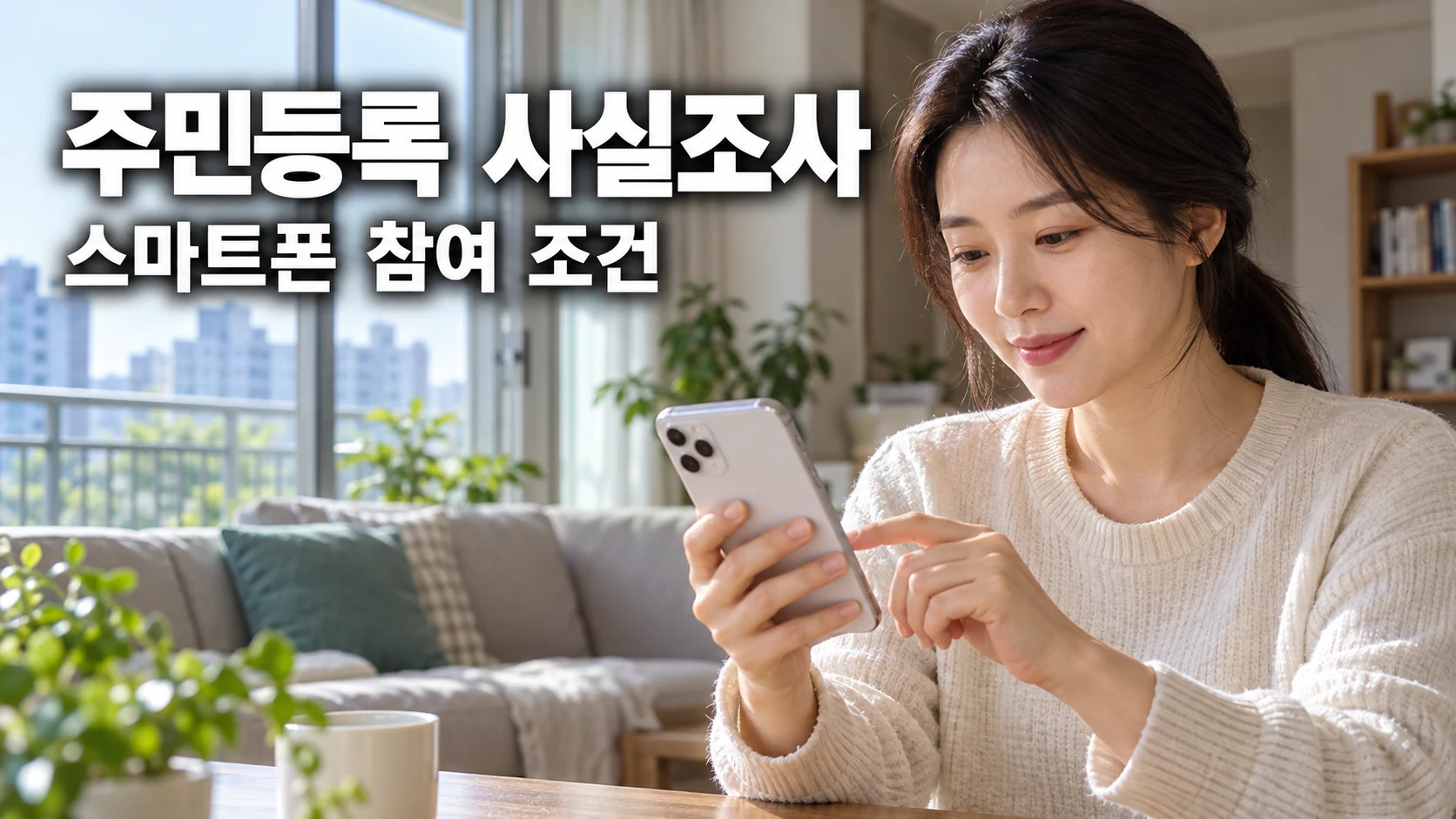 한국 가정에서 여성이 스마트폰으로 주민등록 사실조사 안내를 확인하는 모습