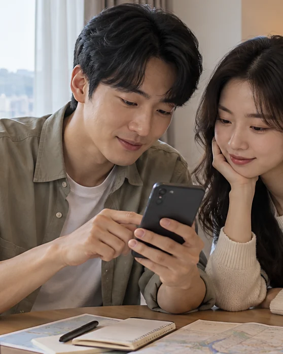여행자 두 명이 휴대전화로 숙소 예약 정보를 함께 살펴보는 장면