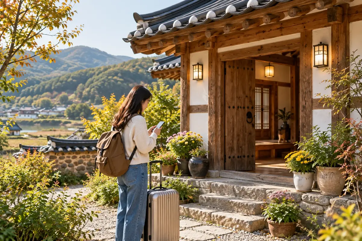 가을 풍경의 한옥 숙소 앞에서 여행자가 휴대전화로 예약 정보를 확인하는 장면