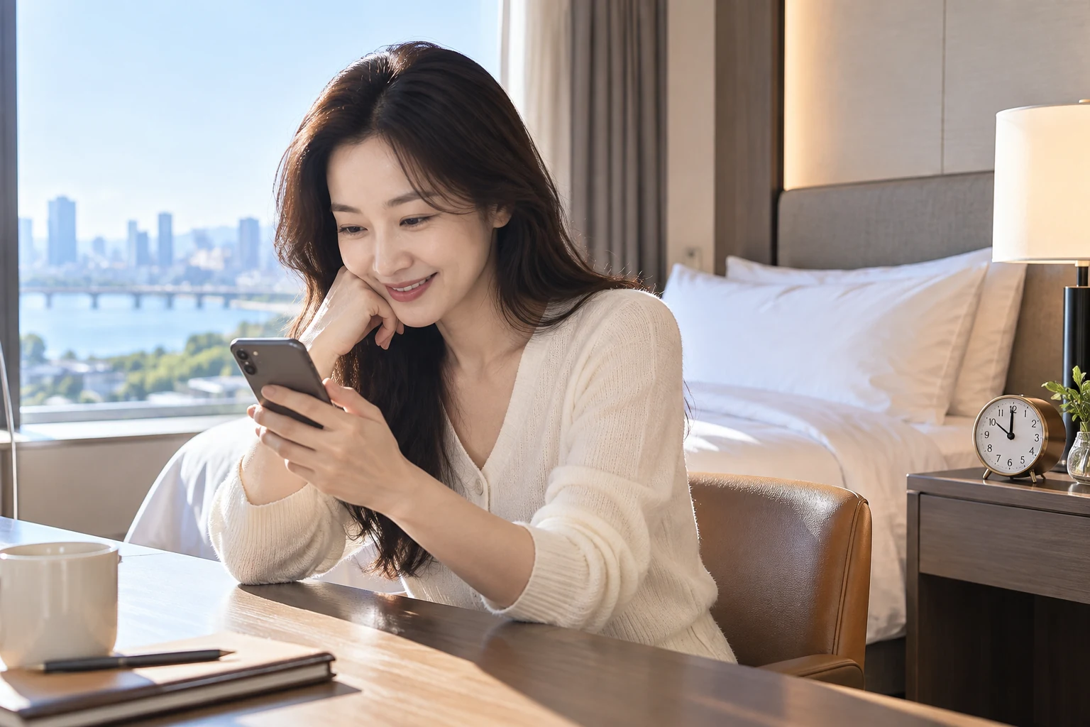 호텔 객실에서 여행자가 오전 10시 무렵 휴대전화로 쿠폰 발급을 준비하는 장면