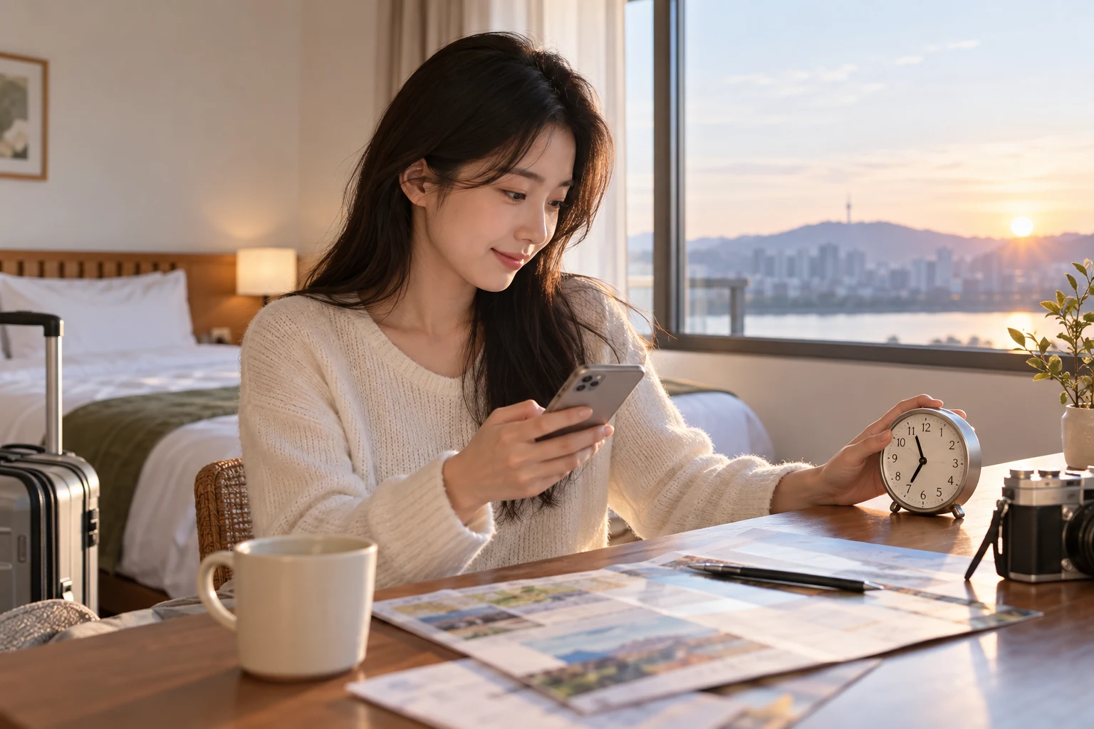 호텔 객실에서 여행자가 시계와 휴대전화로 쿠폰 만료 시각을 확인하는 장면