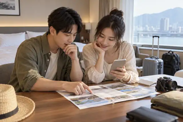 호텔 테이블에서 두 여행자가 휴대전화와 숙박 일정을 비교하는 장면