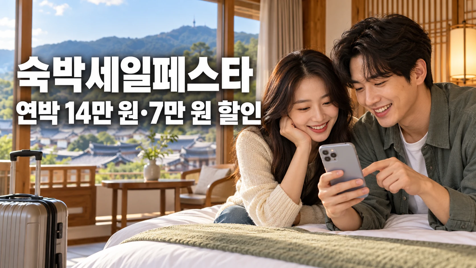 한국 숙소에서 커플이 스마트폰으로 연박 예약 조건을 확인하는 모습