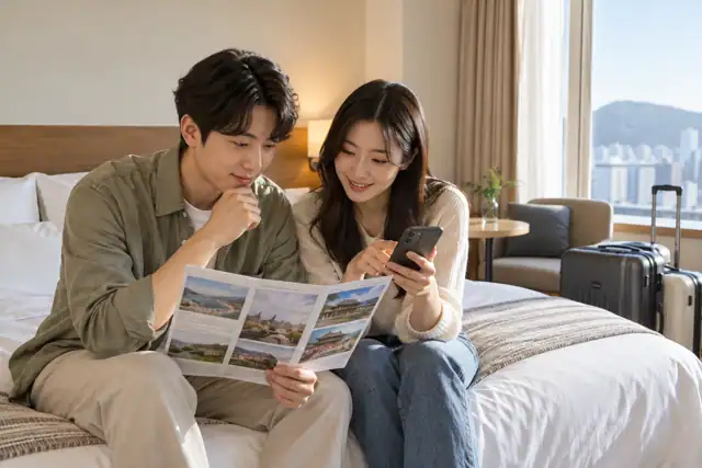 호텔 객실에서 두 여행자가 휴대전화와 여행 일정을 함께 살펴보는 장면