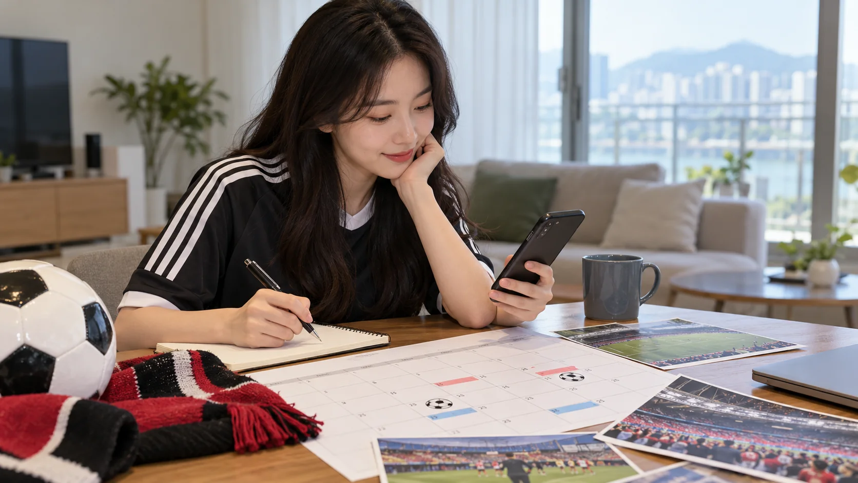 한국 축구팬이 달력과 휴대전화로 경기와 오픈 트레이닝 일정을 정리하는 모습