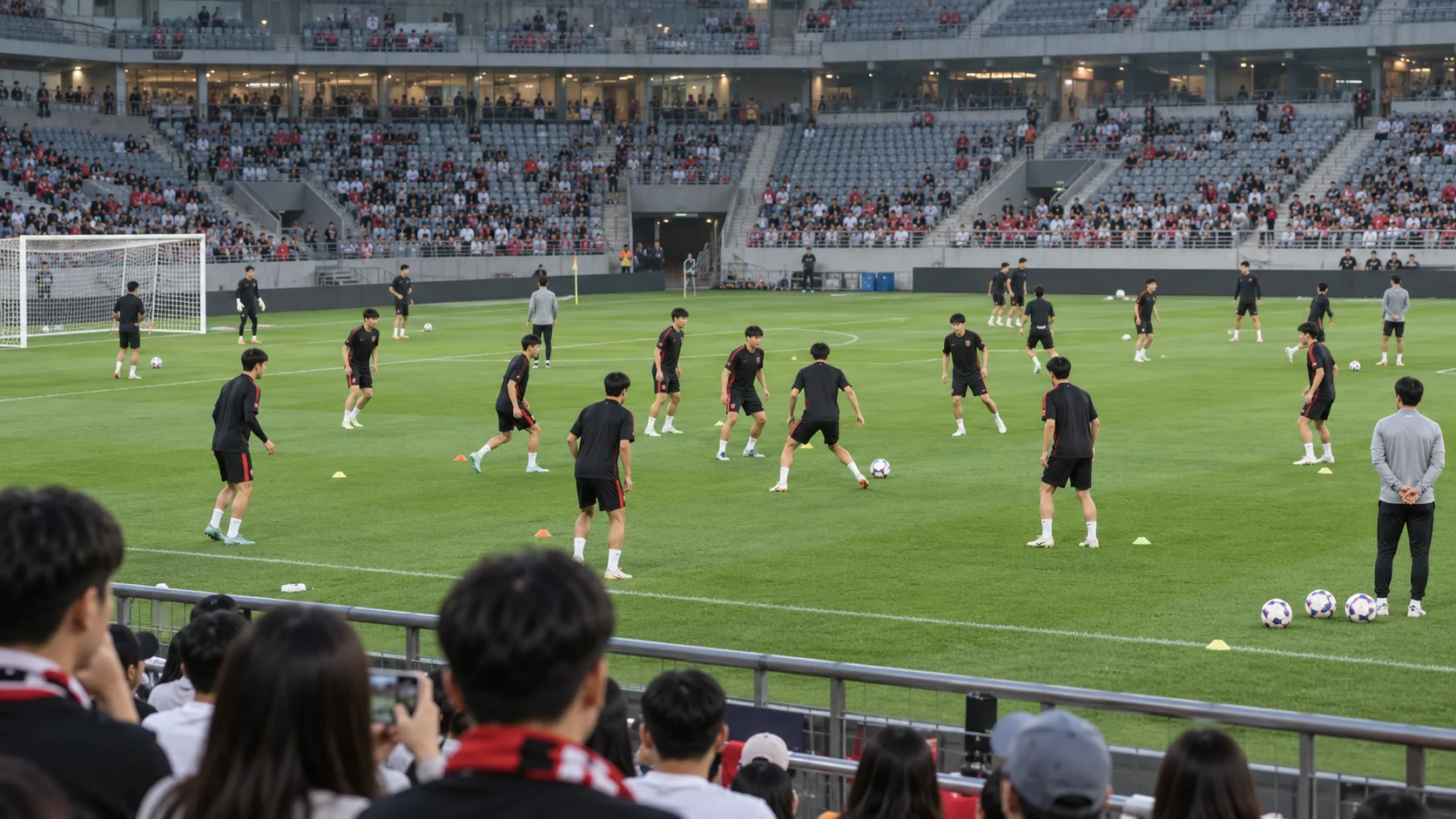 서울 경기장에서 한국 축구 선수들이 공개 훈련을 하고 관람객이 지켜보는 모습