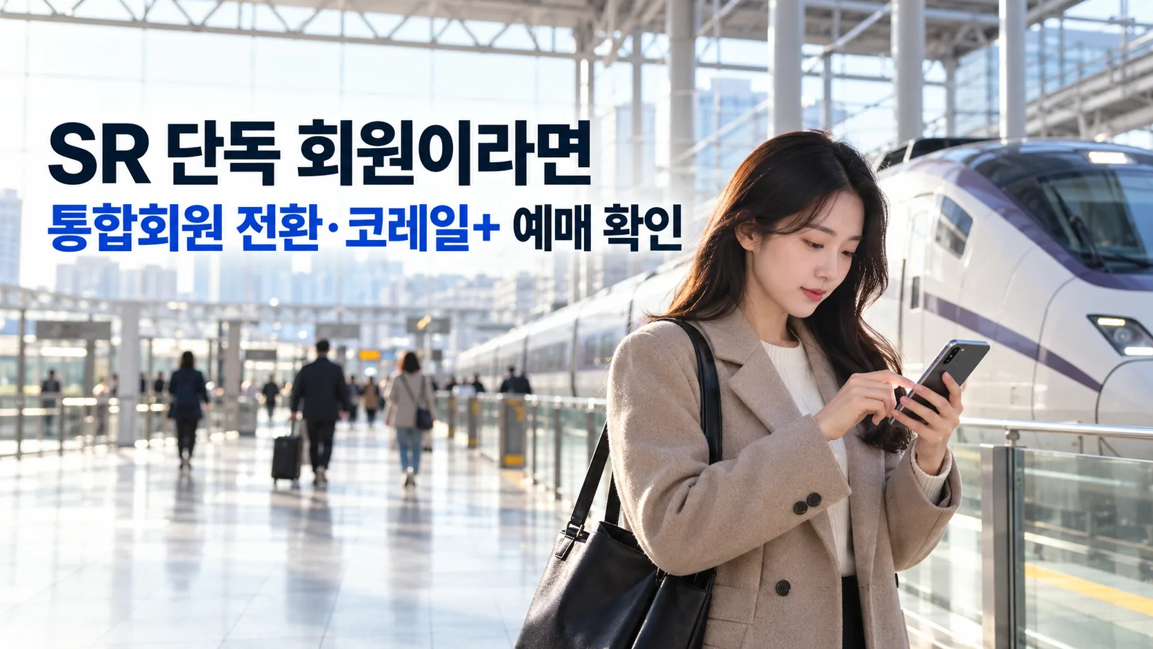 한국 기차역에서 스마트폰으로 통합회원 전환 안내를 확인하는 여성