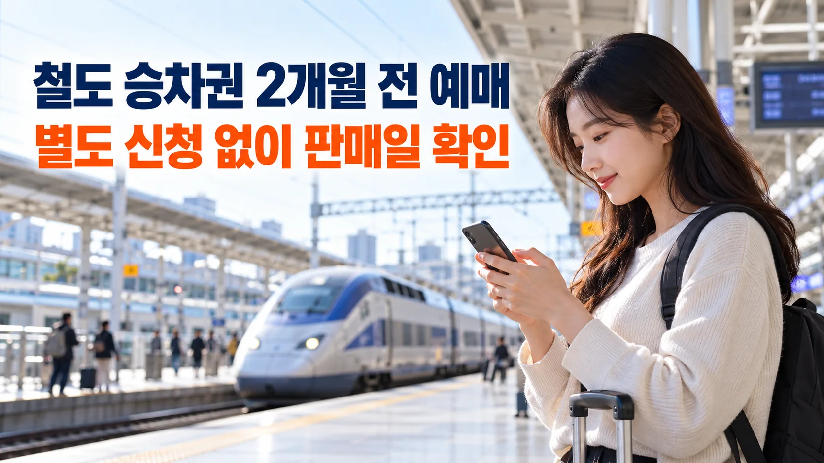 한국 기차역에서 스마트폰으로 출발일과 승차권 판매일을 확인하는 여성