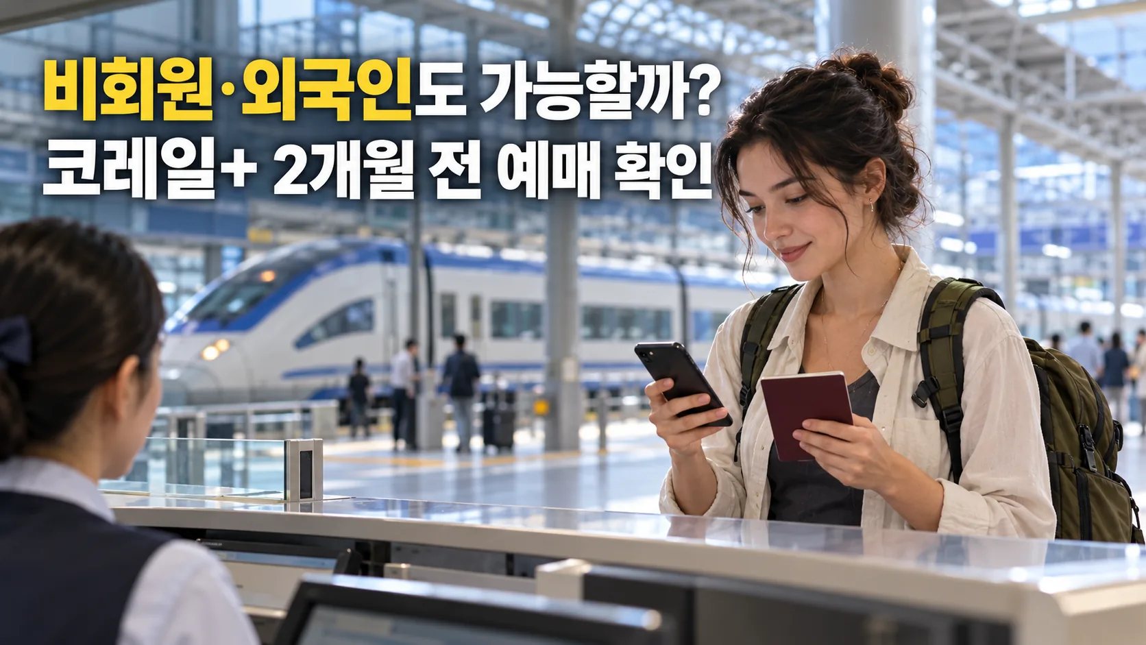 한국 기차역에서 여권과 스마트폰으로 승차권 예매 정보를 확인하는 여행자