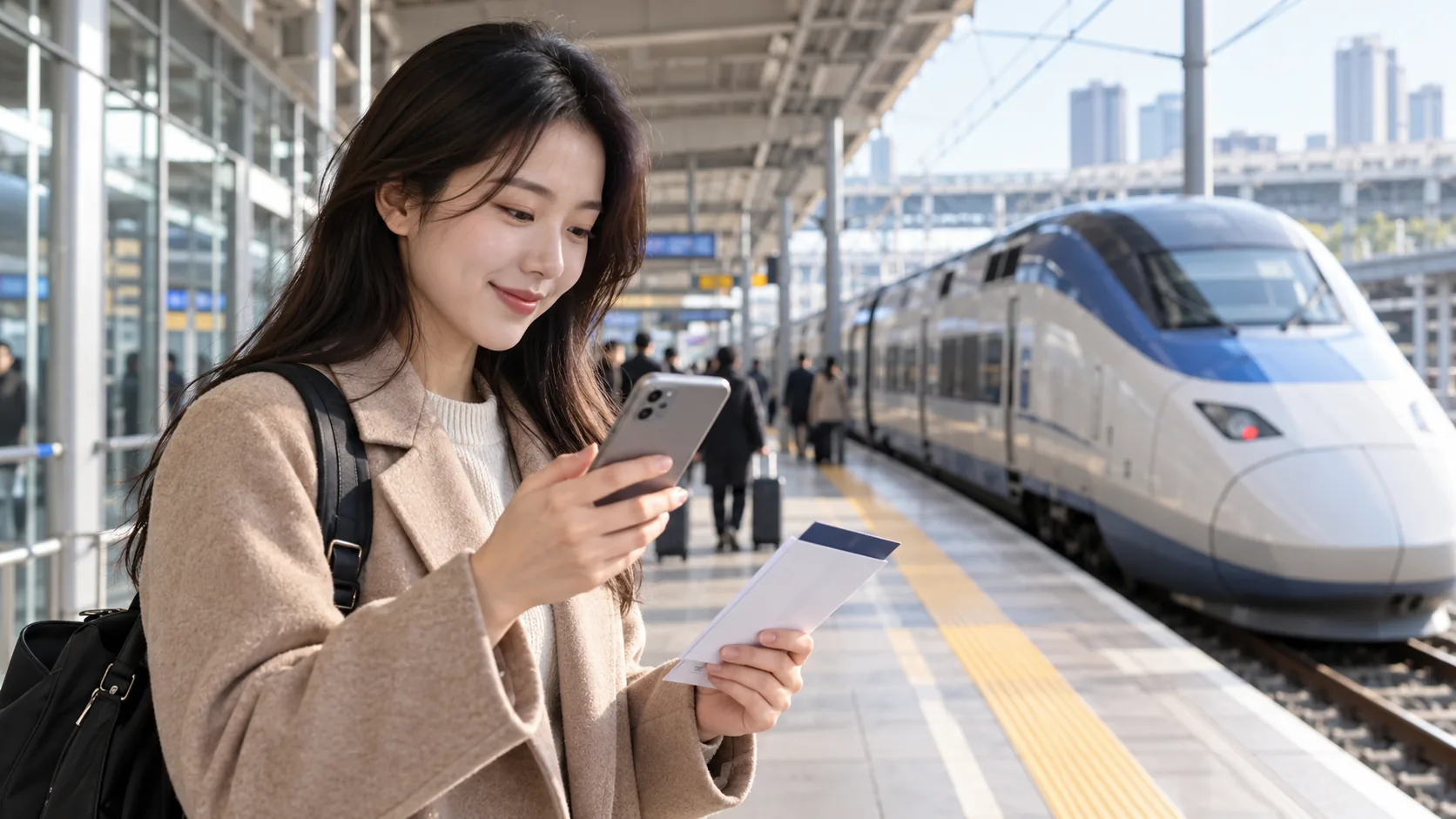 한국 기차역에서 스마트폰으로 승차권 예매 내역을 확인하는 승객