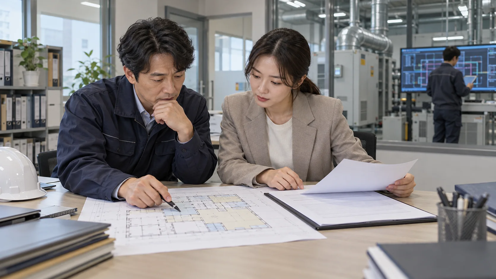 설치장려금 제외 여부를 판단하려고 건축 도면과 임대차 서류를 대조하는 시설 담당자와 엔지니어