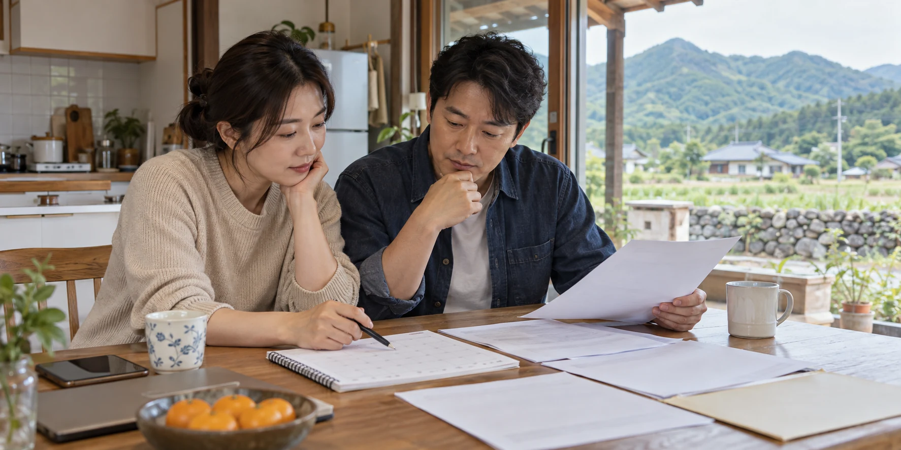 한국인 부부가 지역 정착 계획과 서류를 함께 확인하는 모습