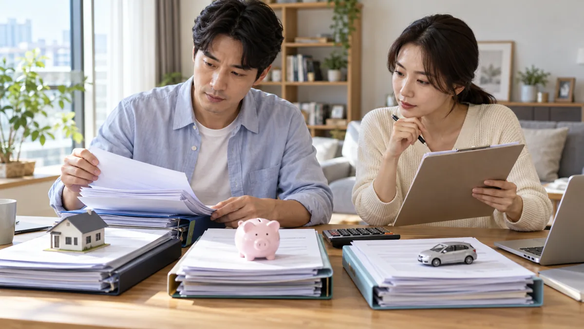 가구 재산 자료와 장려금 기준을 함께 확인하는 서류 검토 모습